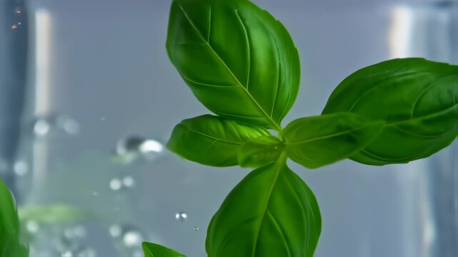 Refreshing basil leaves in clean water creating a calming visual experience