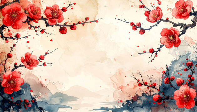 紅梅 Red Plum Blossom 002 Red Plum Blossom Watercolor Illustration Background - Japanese Spring Floral Frame（紅梅の枝と花の和風水彩イラスト背景 - 春のフレーム素材）