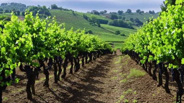 Vineyard rows in countryside landscape agriculture concept, green grape vines growing on hillside. Wine farm plantation with orderly plants, rural viticulture scenery, organic farming environment, nat
