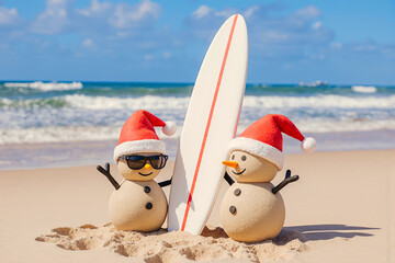 Two snowmen wearing santa hats and sunglasses on a beach with a surfboard