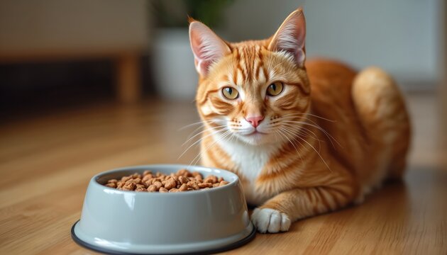 Ginger cat with yellow eyes lies near filled food bowl on wooden floor. Domestic animal waiting for meal, ready to eat healthy kibble. Cute feline pet needs nourishment indoor. - Powered by Adobe