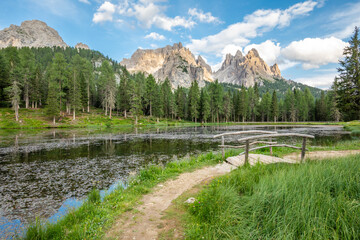 Antorno Lake withg Cadini di Misurina and Tre Cime di Lavaredo. Dolomites, Veneto, Italy.