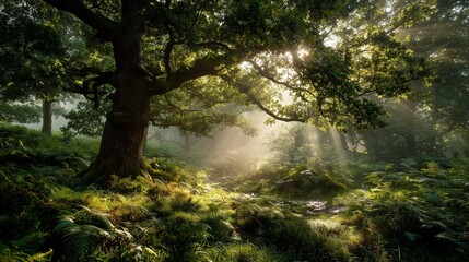 Obraz premium Golden sunlight filters through the lush green leaves of a grand oak tree, creating a serene atmosphere in the misty forest. The enchanting forest scene invites exploration among t