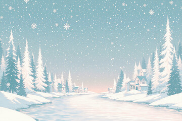 Peaceful winter landscape with snow falling on pine trees and a frozen river