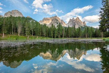 Antorno Lake withg Cadini di Misurina and Tre Cime di Lavaredo. Dolomites, Veneto, Italy.