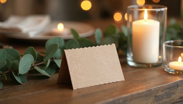 Empty place card sits on rustic wood table near burning candles and green leaves. Cozy table setting for romantic dinner party or wedding reception event.