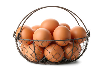 Farm fresh brown eggs in a rustic wire basket on a white background