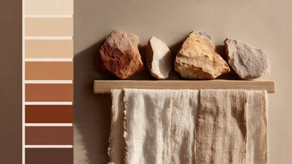 An earthy color palette showcases natural shades from light beige to deep brown, complemented by raw stones and a textured linen fabric, creating a serene organic aesthetic.
