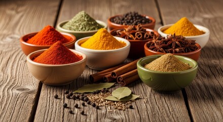 Assortment of vibrant spices in bowls on rustic wooden surface creating a colorful culinary display