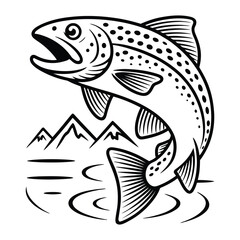 Jumping Trout or Salmon Fish Vector Graphic: Detailed Black and White Illustration of Game Fish Leaping from Water with Mountains Background, Ideal for Fly Fishing Logo.