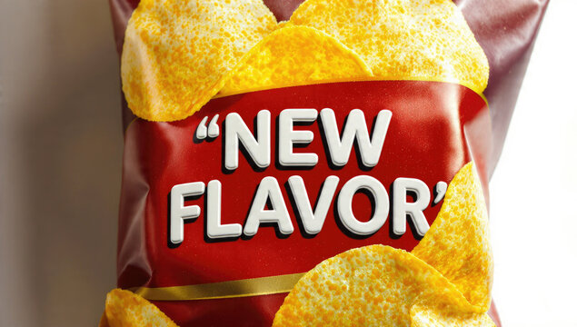 A close-up shot of a vibrant red snack bag featuring "NEW FLAVOR" in bold white text, with golden, crispy chips spilling out.