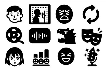 Voiceover Animation Icons. Solid style icons of voiceover for animation: cartoon character bubble, voice booth, exaggerated