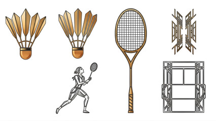 A collection of vintage-style badminton illustrations, featuring a classic racket, shuttlecocks, a player in motion, and net designs