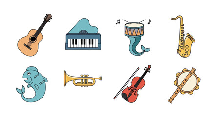 Cartoon musical instruments collection guitar piano drum saxophone and more