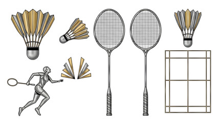 Collection of badminton equipment and a court, highlighting athletic pursuit