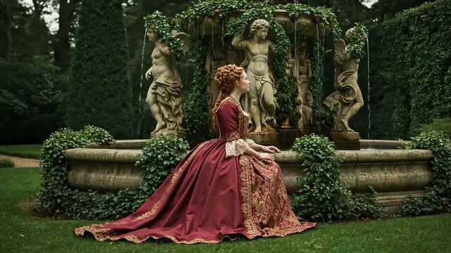 Woman in an elegant historical dress in a serene mood sitting by an ornate stone fountain with classical sculptures in a garden backdrop, video for historical documentaries and medieval fantasy visual