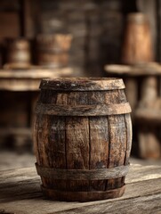 Fototapeta premium Rustic Wooden Barrel Placed in a Cozy Barn Setting Evokes a Warm Countryside Atmosphere