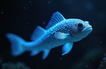 Blue spotted fish swims in deep dark ocean. Bioluminescent marine animal glows with light dots. Underwater creature explores abyss, unknown deep sea environment.