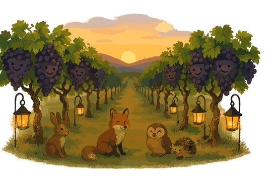 Vineyard Sunset Gathering. Vineyard at sunset with smiling rows of vines, lanterns glowing, and animals gathering for a peaceful