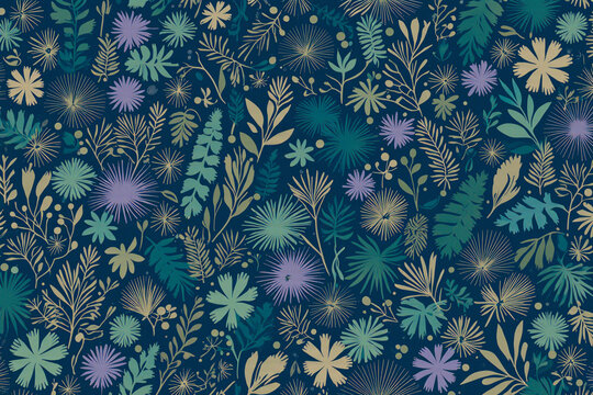 Whimsical dark floral pattern with stylized plants and flowers - Powered by Adobe