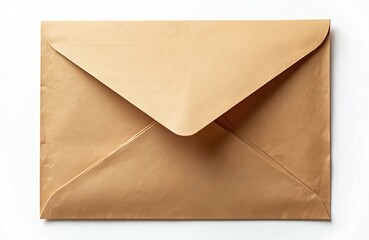 Single closed craft paper envelope lies flat on clean white background. Brown mail item perfect for sending personal correspondence, greeting cards, important business documents. Represents