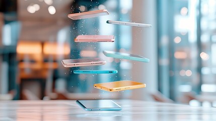 Multiple smartphones in various colors are suspended and falling in mid-air, with glitter particles and soft bokeh lights in the background, suggesting a dynami