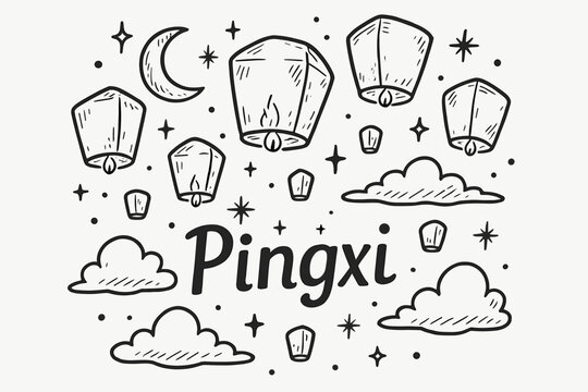 Pingxi Lantern Release. Hand-drawn lantern release taiwan with moons, sparkles, and clouds, center word &ldquo;Pingxi&rdquo; in black and