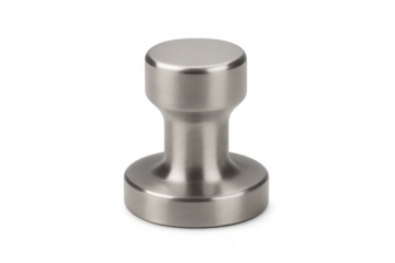 Barista using stainless steel coffee tamper for espresso preparation