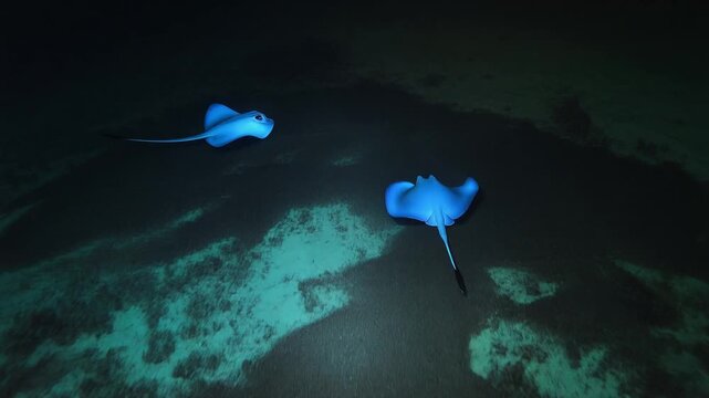 Underwater Scene of Two Blue Stingrays Swimming in the Dark Ocean.