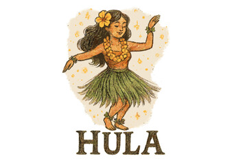 Obraz premium Glowing Hula Dancer. Hand-drawn hula dancer in green skirt with flowers and glowing sparks, center word “Hula”, isolated