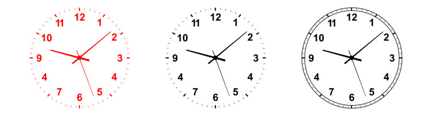 Vintage and modern clock faces with Roman numerals and retro hands. Blank clock dial with hours, minutes, and seconds hands. Victorian clock dial with hands. Roman and modern numbers. Vector