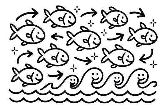 Whimsical Fish Collaboration. Whimsical doodle animal decision-making scene with smiling fish in a swarm, cartoon arrows showing