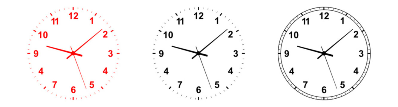 Vintage and modern clock faces with Roman numerals and retro hands. Blank clock dial with hours, minutes, and seconds hands. Victorian clock dial with hands. Roman and modern numbers. Vector