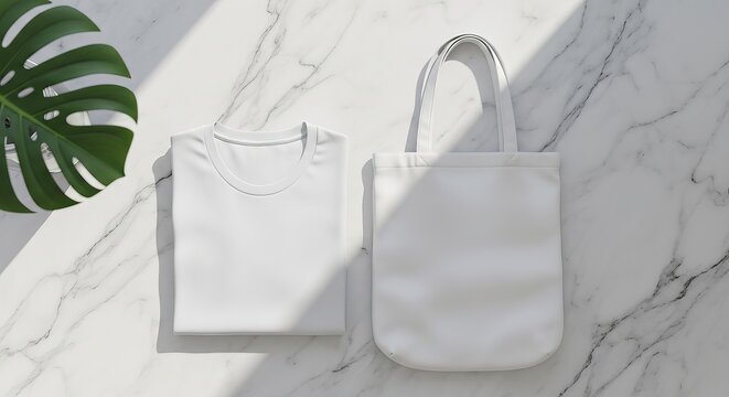 Blank white t shirt and tote bag with tropical leaf shadow