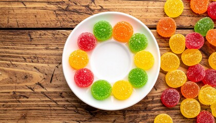 Colorful sugar-coated jelly candies scattered on a wooden table