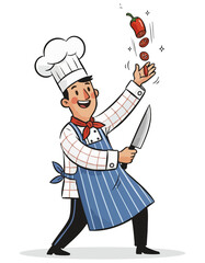 Dynamic chef juggling sliced chili pepper with knife. Enthusiastic cook demonstrating expert knife skills and speed. Happy chef preparing spicy ingredients vector illustration
