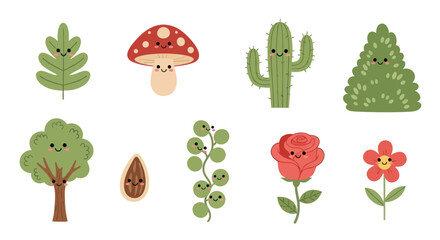 Cartoon plants and flowers collection decorative nature elements on white