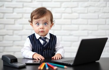 Cute baby boy dressed as businessman sits at desk with laptop, phone, and stapler. He looks surprised with wide blue eyes. Child plays office work, imagines career.