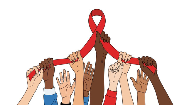 Diverse hands holding a red ribbon symbol for world aids day