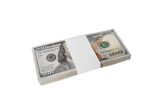 Stack of New One Hundred Dollar Bills on transparent background