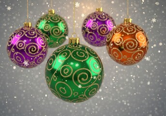 Vibrant holiday ornaments with glitter swirls and snow