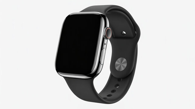 A product photo of a modern smartwatch with a black rectangular face and rounded corners against a white background.