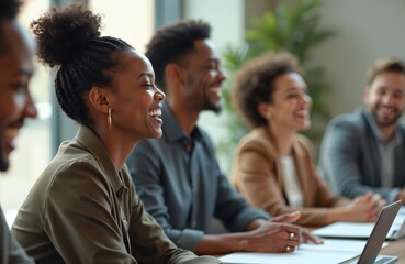 Diverse group of people in business meeting room, laughing together and enjoying conversation. Colleagues work and plan during office collaboration, sharing ideas in a friendly environment.