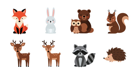 Cartoon forest animals illustration fox rabbit bear owl squirrel deer raccoon hedgehog
