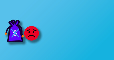 Symbolizing financial problem and economic loss, a cross marked money bag and sad face emoji on a vibrant blue background represent a negative outcome and business struggle