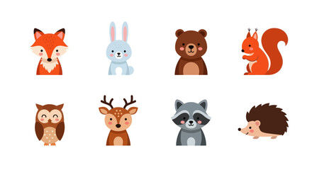 Cartoon forest animals illustration fox rabbit bear squirrel owl deer raccoon hedgehog