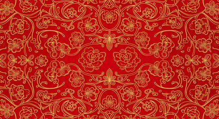 Elegant seamless pattern of intricate golden floral and vine motifs set against a vibrant red background, evoking traditional Chinese culture and festive celebration
