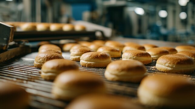Freshly baked hamburger buns sit cooling on a wire rack in a bustling bakery. The warm, golden buns are carefully arranged, showcasing the quality and craftsmanship of the baking p