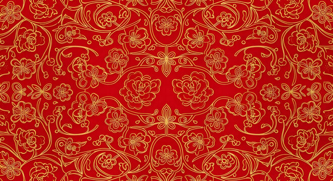 Elegant seamless pattern of intricate golden floral and vine motifs set against a vibrant red background, evoking traditional Chinese culture and festive celebration - Powered by Adobe