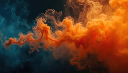 Orange smoke cloud spreads into blue dark background. Vibrant orange color mixes with swirling dark patterns. Abstract fiery texture creates dynamic motion. Blazing orange hue contrasts with deep